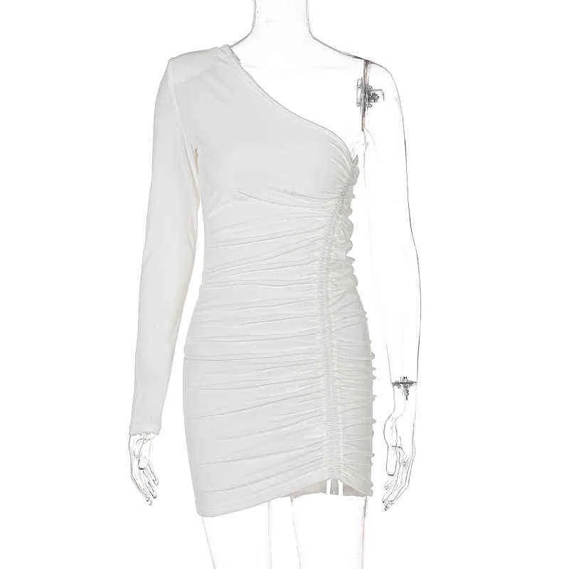 Hugcitar 2021 Sonbahar Kış Tek Omuz Uzun Kollu Katı Draped Seksi Mini Elbise Güz Kış Kadın Moda Streetwear Kıyafetler Y1204