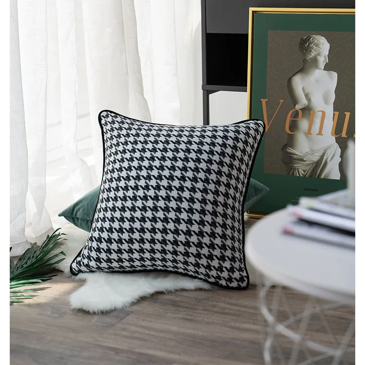 Moderne noir blanc pied de poule tissé Jacquard maison jeter housse de coussin taie d'oreiller carrée décorative 45 x 45 cm vendre par pièces 210317