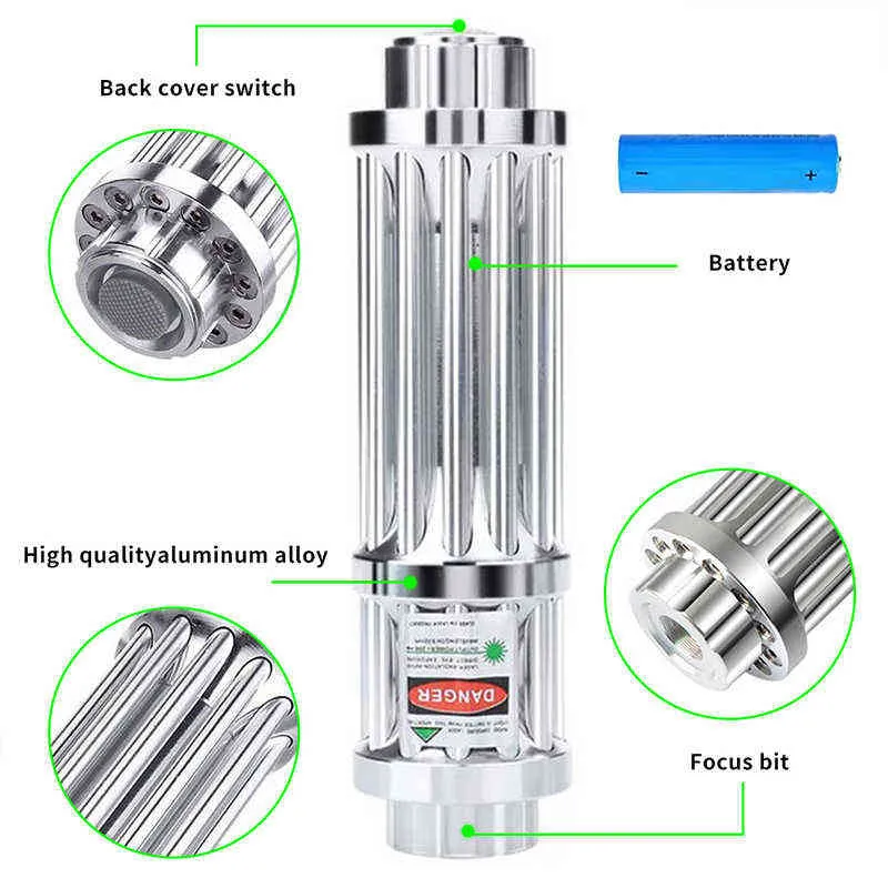 레이저 포인터 녹색 시선 펜 532NM 2000MW 고전력 손전등 초점 사냥을위한 연소 18650 충전 2202098306174