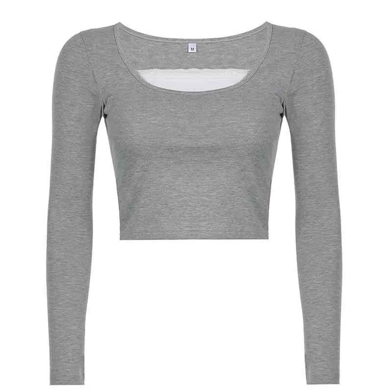 Kvinnor  U2019S Casual Långärmad T-shirt Mode kontrast Färg Lace Trim Square Krage Exposed Navel Tops G220228