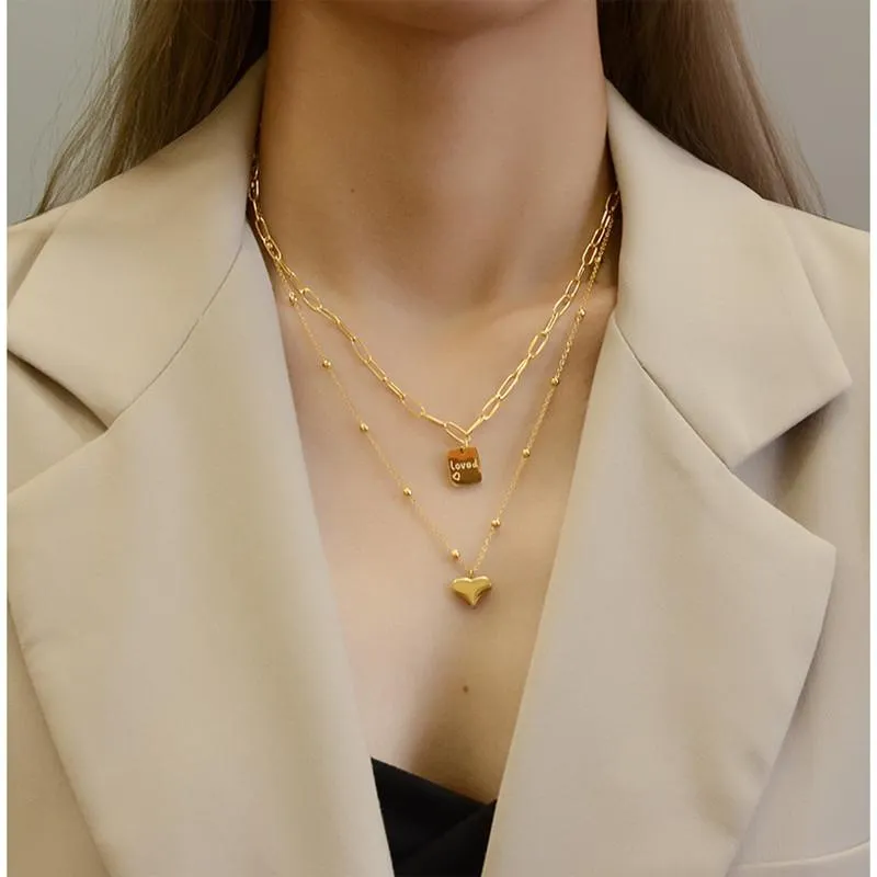 Colares de pingente elegante banhado a ouro de aço inoxidável amor coração multi-camadas para mulheres jóias colar quadrado grânulo pescoço chains250e