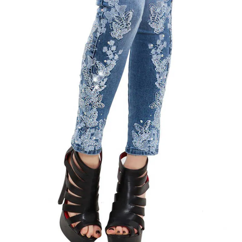 Denim Pencil Pants Stretch Embroidered Jeans For Women Flower Female Slim Pattern Pantalon Femme S-2XL 210922
