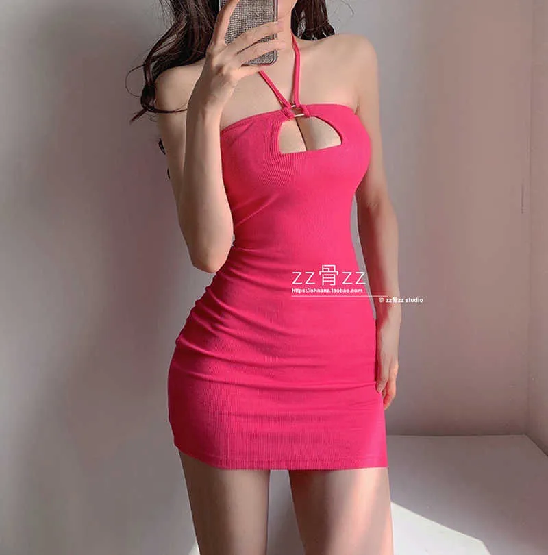 Womengaga rood roze zoete korea mode temperament halter hals kant bandage holle slanke heup elastische sexy mini-jurk XJX5 210603