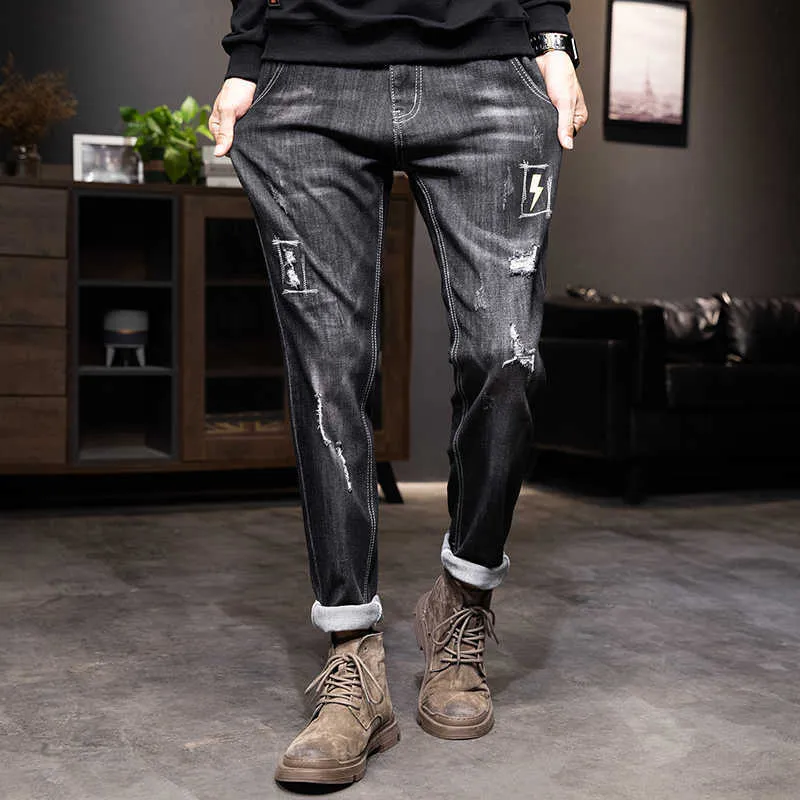 Rowerzysta dżinsy mężczyźni ciemny niebieski stretch szczupły dopasowanie strapione streetwear drukowane wzór drelichowe spodnie dorywczo mężczyzna spodnie hip hop dżinsy x0621