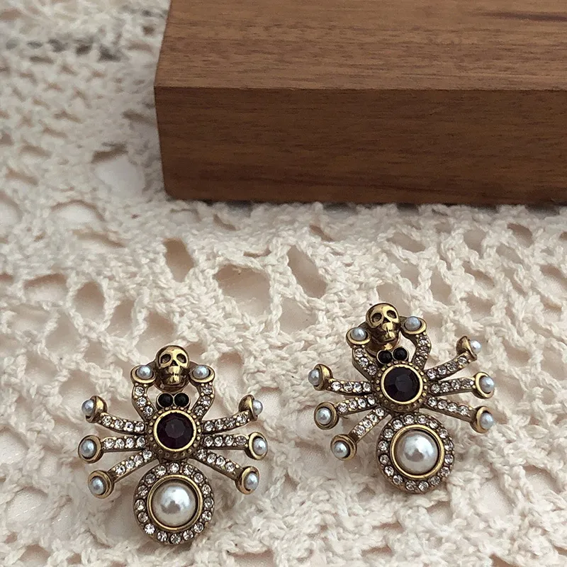 Vintage Dangle Pearl gem Pendant Earrings spider 18K gold plated high Quality Celebrity female women's Ear studs273N