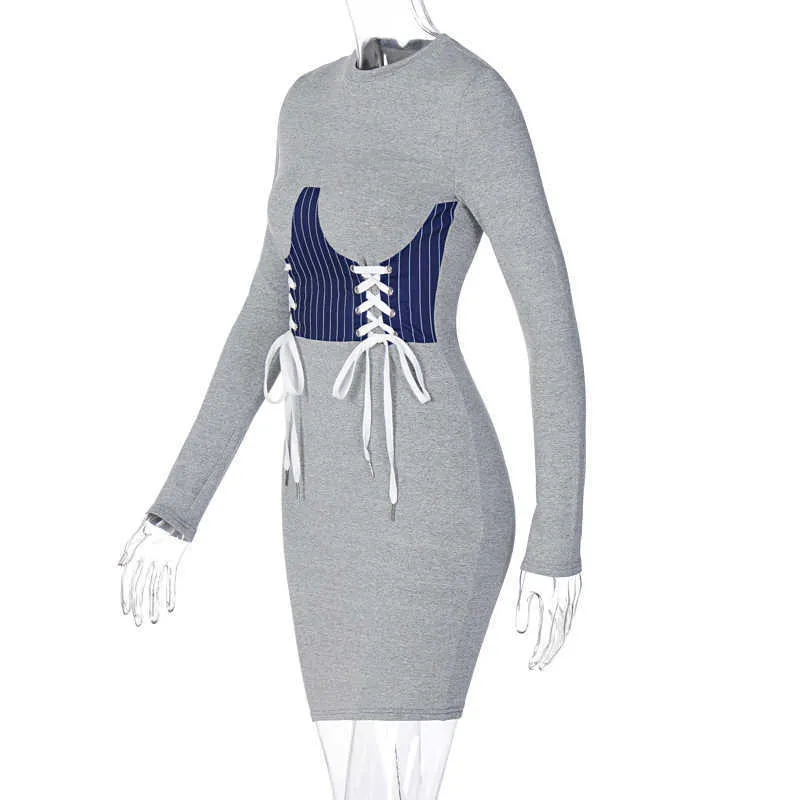 Colysmo Tshirt Dress Women Patchwork Lace up Stripe Long Sleeve Slim Fit Mini Bodycon Dresses Fall Lady Fashion White Vestidos 210527