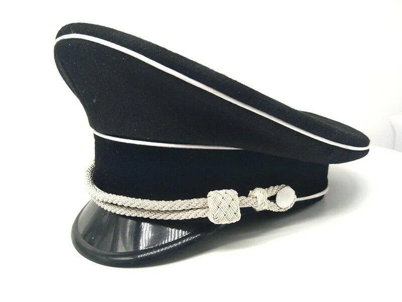 Chapeaux à large bord WWII officier d'élite allemand chapeau de chapeau de chapeau de chapeau de menton noir cordon d'argent 57 58 59 60 61cm reproduction militaire304j