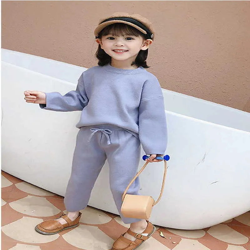 Printemps coréen Style bébé fille 2 pièces ensembles pull couleur unie manches longues haut + taille élastique pantalon enfants vêtements E2082 210610