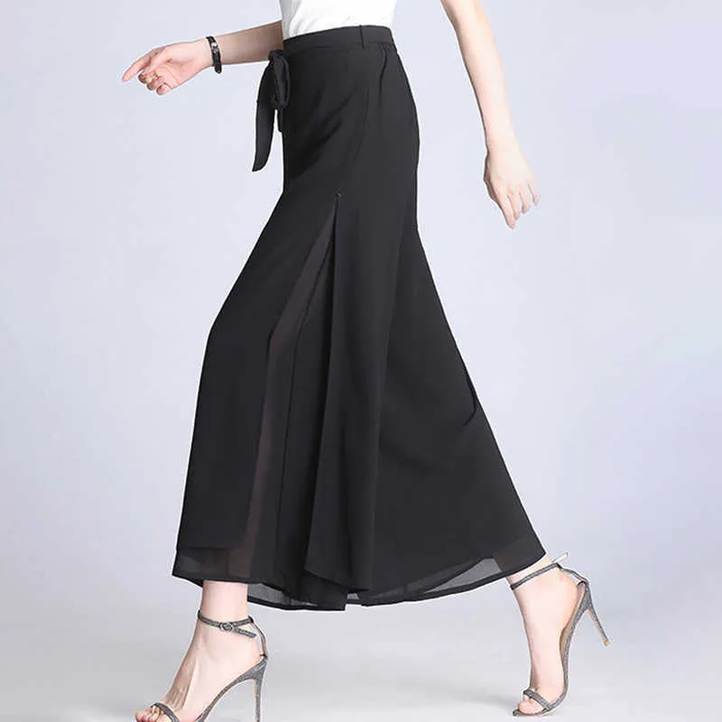 Mulheres Chiffon Slit Nine Largo Perna Calças Verão Cintura alta Casual Culottes Bohemia Skirt Calças Q0801