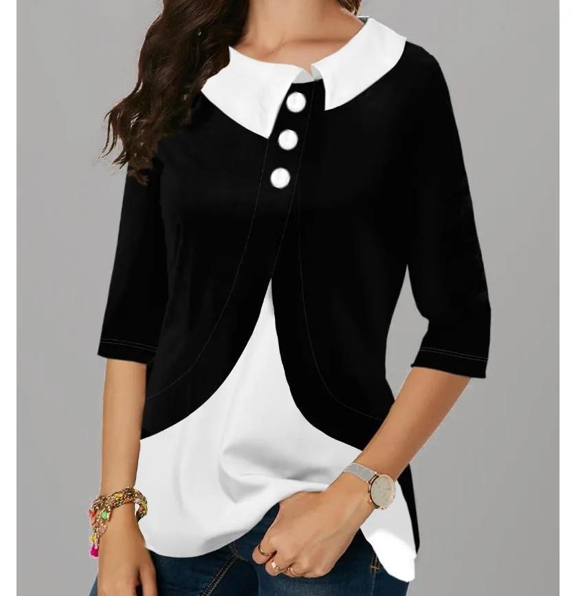 Рубашка блузена женщина мода поворотный воротник нерегулярность сплайсинга женская 3/4 рукава рубашка офисная одежда 210226