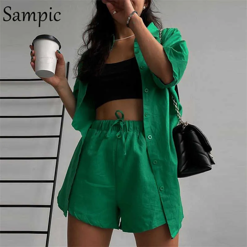 Sampic Casual Lounge Wear Verano Verde Chándal Mujeres Pantalones cortos Conjunto Camisa de manga corta Tops y Mini pantalones cortos sueltos Conjunto de dos piezas Y0702