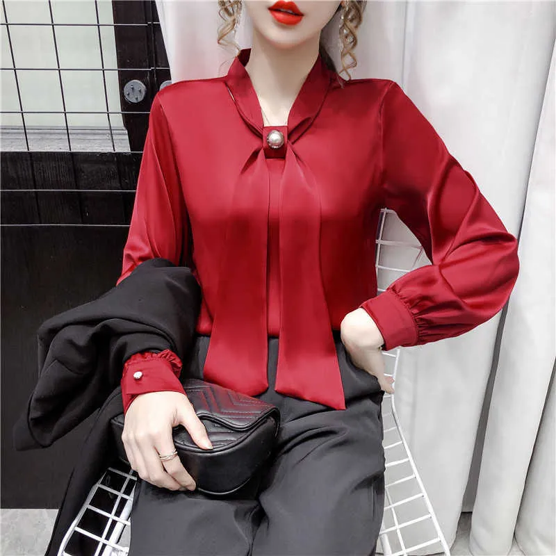 韓国のシルクの女性のブラウスサテン長袖シャツ女性蝶ネクタイトップスプラスサイズビーズシャツXXL 210604