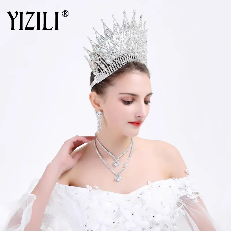 Yizili Luxury Big European Bride Wedding Crown Gorgeous Crystal Large Round Queen Crown Wedding Hair Accessories C021 2102032293