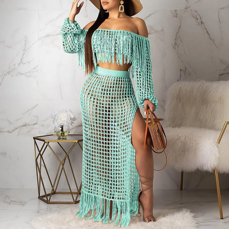 Summer Crochet Dress Beach Wear Crop Top And Skirt Set For Women Long Sleeve Tassels Slash Neck Two Knit Sets 220314