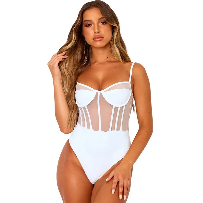 Summer New Sexy Lace Sheer Mesh See-Through Push Up Bodysuit White Black Women Body Outfits Swimsuit One Piece Bathing Suit 210306