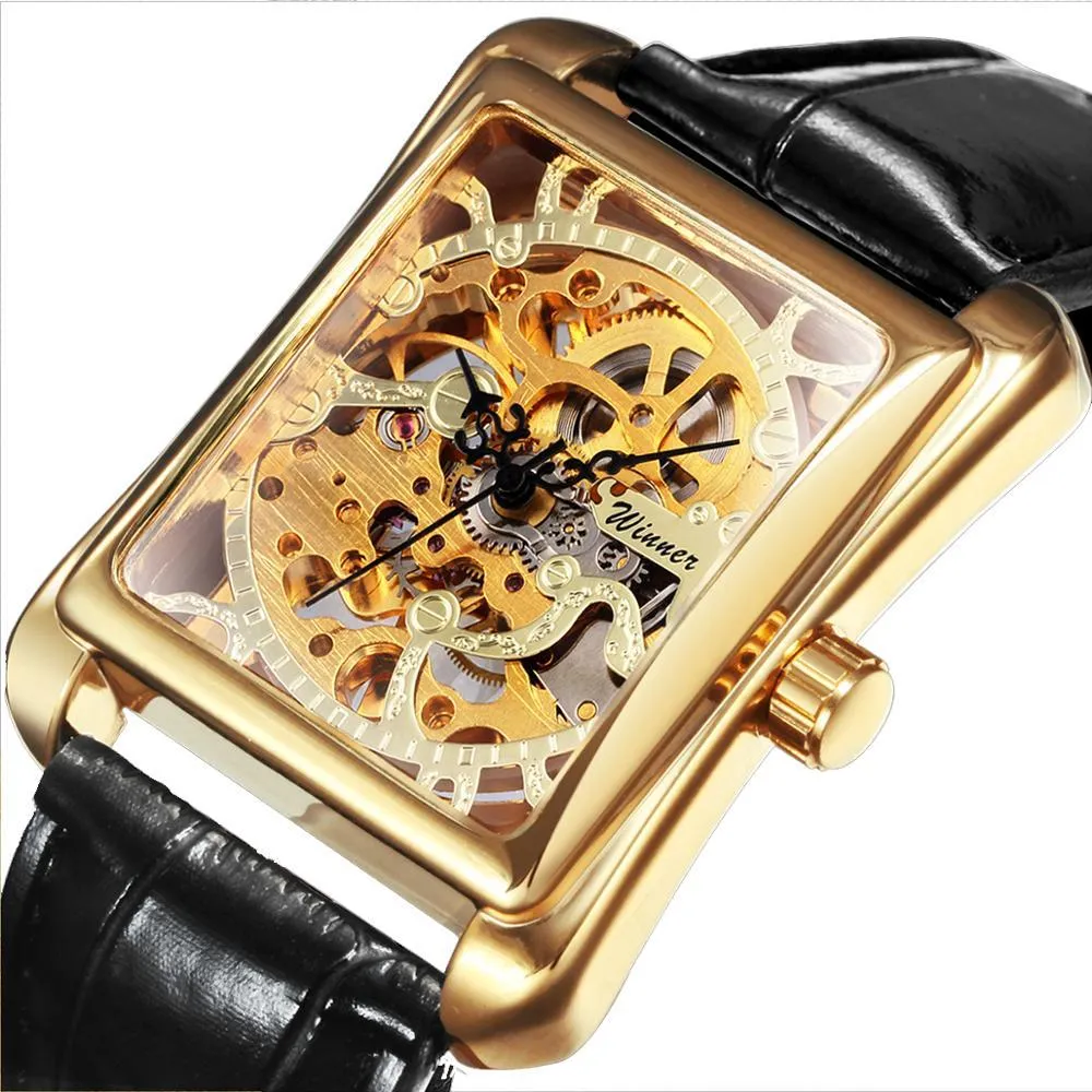 WINNER Uhr für Damen, Luxus-Top-Marken-Design, modische Skelettuhr, mechanisch, Tonneau-Leder, 210310205q