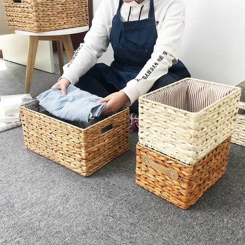 Corn Husk Woven Storage Baskets Box Rectangular Container Sundries Organizer Home Basket Organization Office Tidy Tools 210609