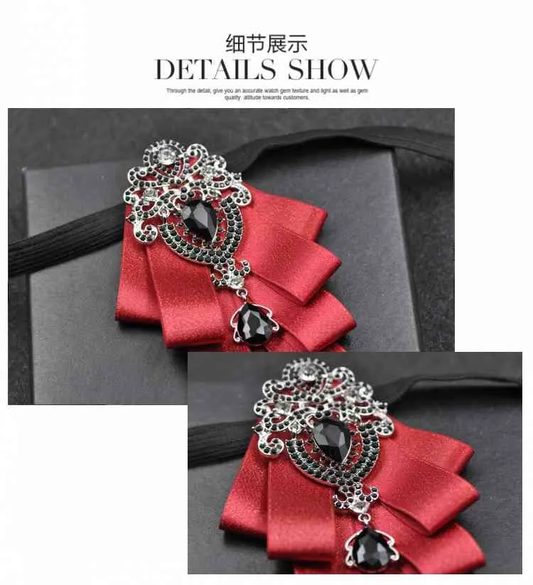 Men Ribbon Bow Handkerchief Alloy Pin Flower Brooches Pocket Square Neck Tie Set Groom Wedding Party Shirt Rhinestone Bowtie