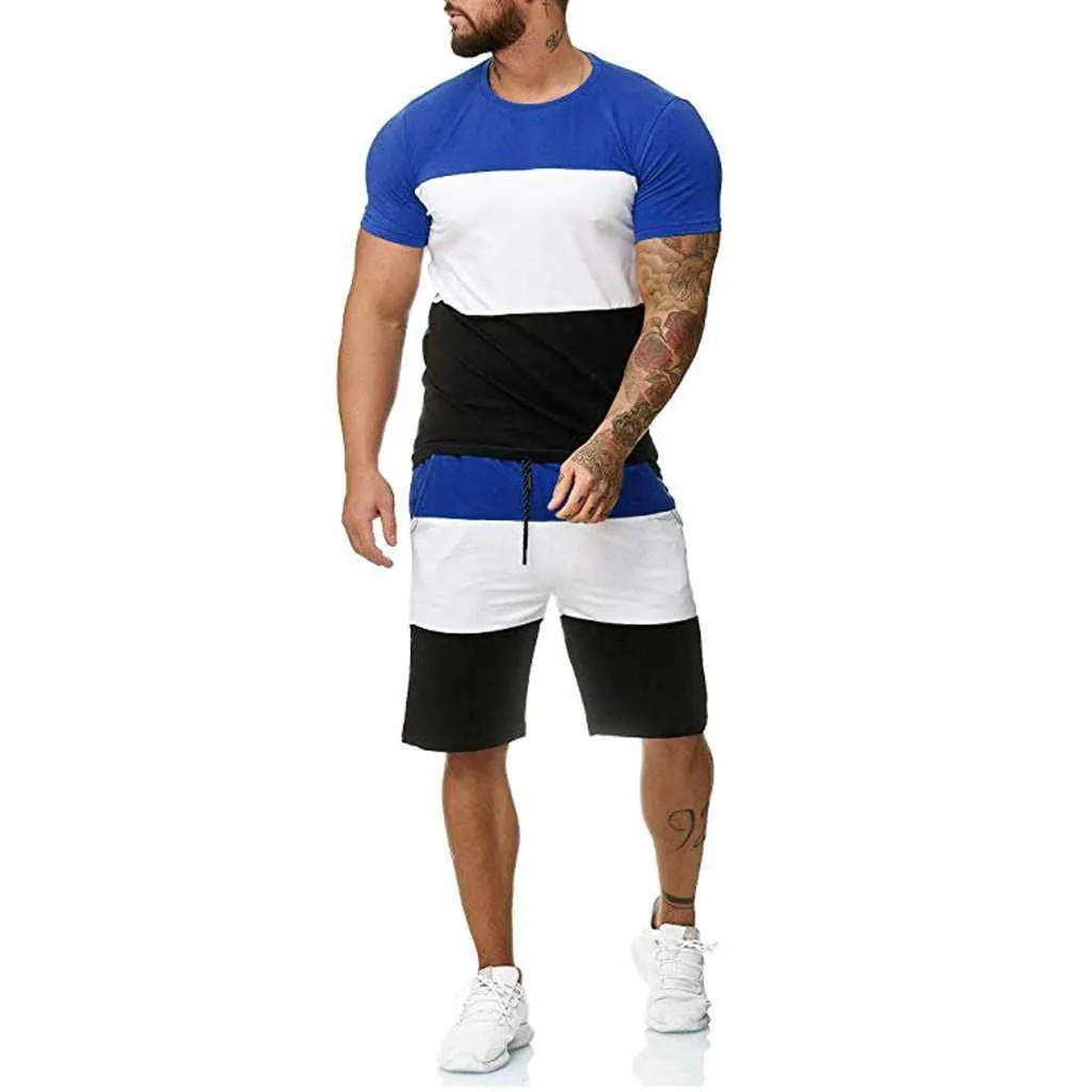 Summer Fashion Odzież Męskie Krótkie Dres Męskie Zestawy Męskie 2 sztuk Outfit Jogger Set Stripe Print Sweatsuits Casual Shorts Set X0610