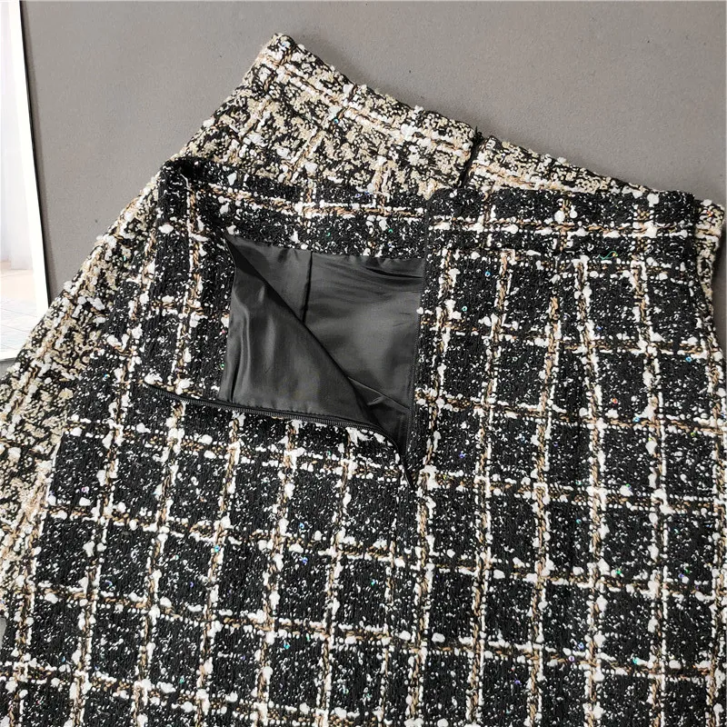 Korean Plaid Skirt Women Sequins Slim Short Skirts Women Autumn High Waist Vintage A-line Woolen Skirt Female 210309