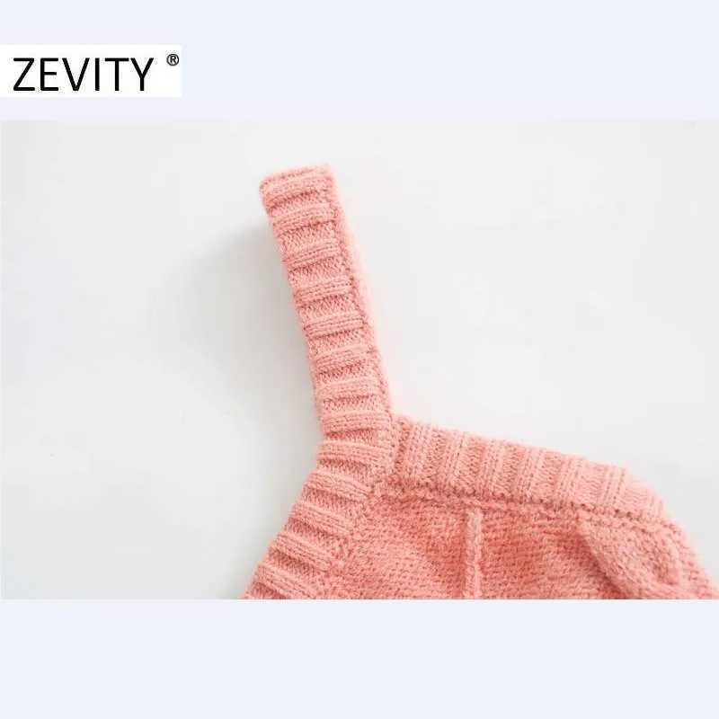 Zevity Women Sweet Ball Appliques Kort stickning Sling Sweater Kvinna Basic Spaghetti Strap V Neck Vest Chic Crop Tops S474 210603