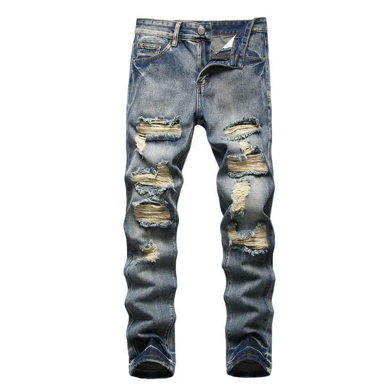 Denim Calças Lavagem em linha reta com Botão de Botões de Botões de Botão Botão Skinny Biker Blue 2020 Slim Fit Calças de Jeans Homens Calças X0621