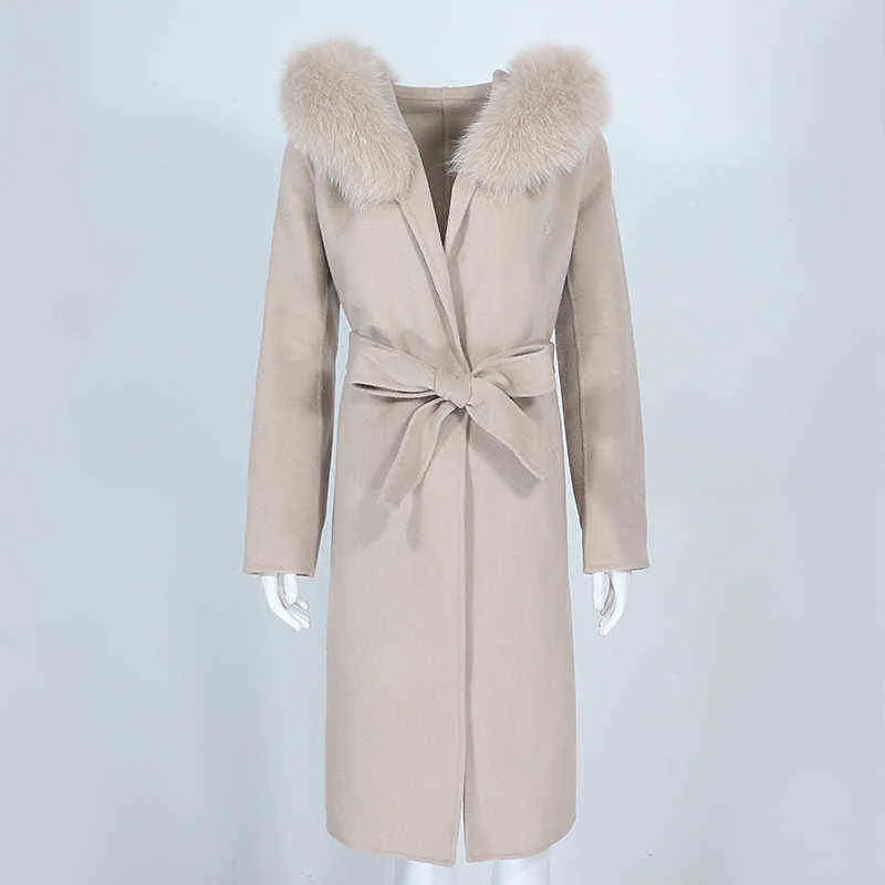 OFTBUY Real Fur Coat Winter Jacket Women Natural Collar Hooded Cashmere Wool Blends Long Outerwear Lady Streetwear 211110