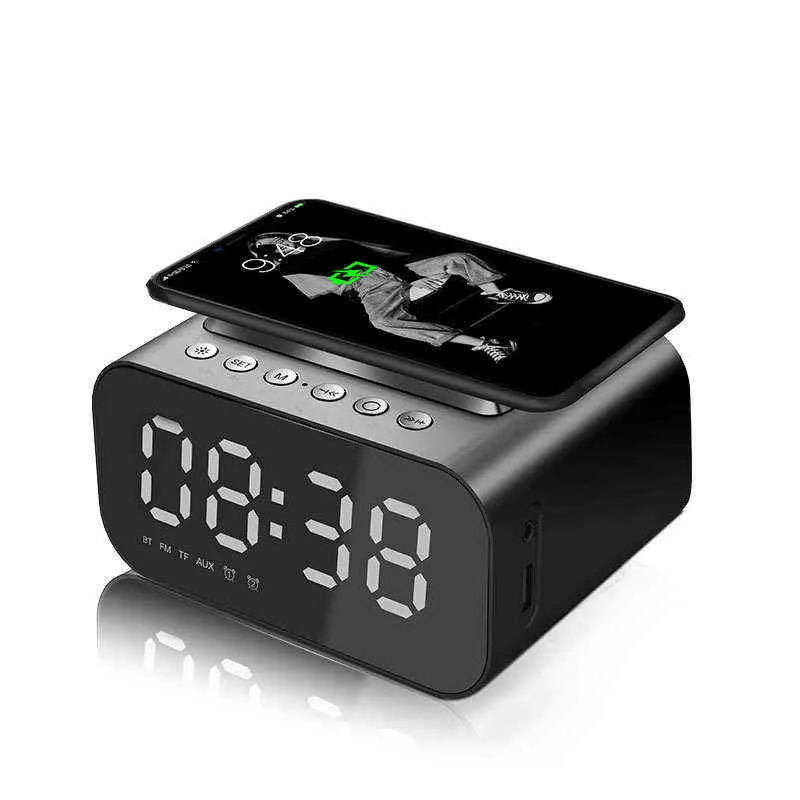 BT508 Mirror Wireless Bluetooth Speaker Светодиодный дисплей FM-радио с беспроводным зарядным устройством 4D HiFi Stereo Bass Sound Mini Alarm Clock H1111