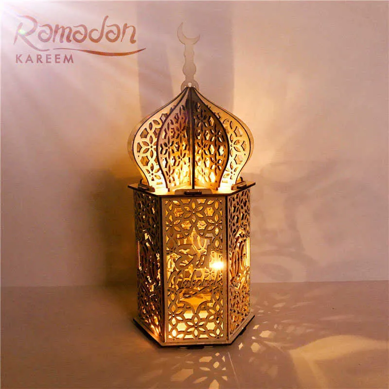 Wooden Eid Desktop Decoration Mubarak Muslim Wood Crafts Warm Lights Lantern Ornaments For Eid Muslim Islam Ramadan Party 2106102782305