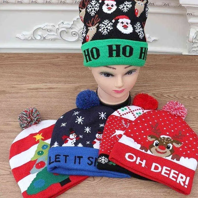 ON SALE 2022 New Year LED Elk Knitted Christmas Hat Beanie Light Up Illuminate Warm Hat For Kids Adults New Year Christmas Decor Y21111