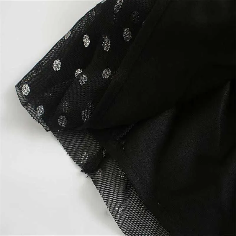 Za Tulle Dot increspato Mini abito nero Donna manica lunga con volant Orlo elastico Abiti da festa Donna Moda Zip posteriore Vestido 210602