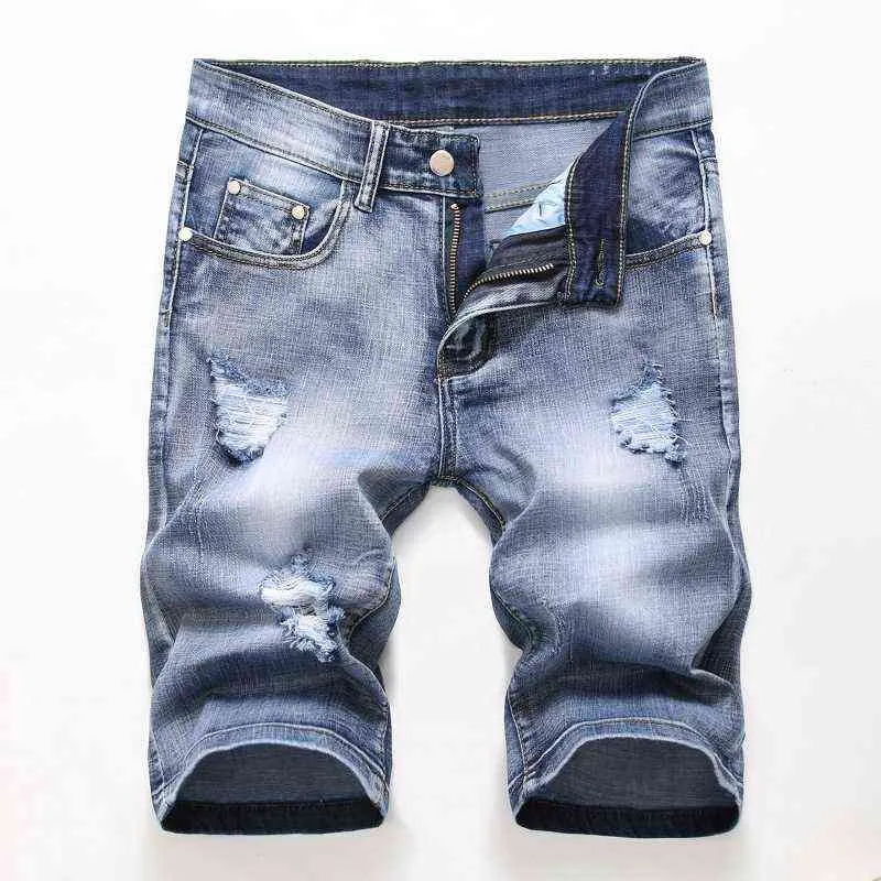 Short en jean pour hommes déchiré 2021 culotte d'été chaude trou en détresse Bermudes mâle Stretch longueur au genou Vintage court jean Shorts hommes H1210