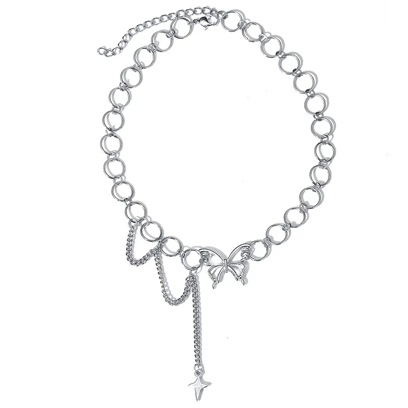 Collana con ciondolo a forma di farfalla con stella a forma di cerchio gotico Collana con catena a clavicola color argento regalo di gioielli di moda feste hip-hop da donna