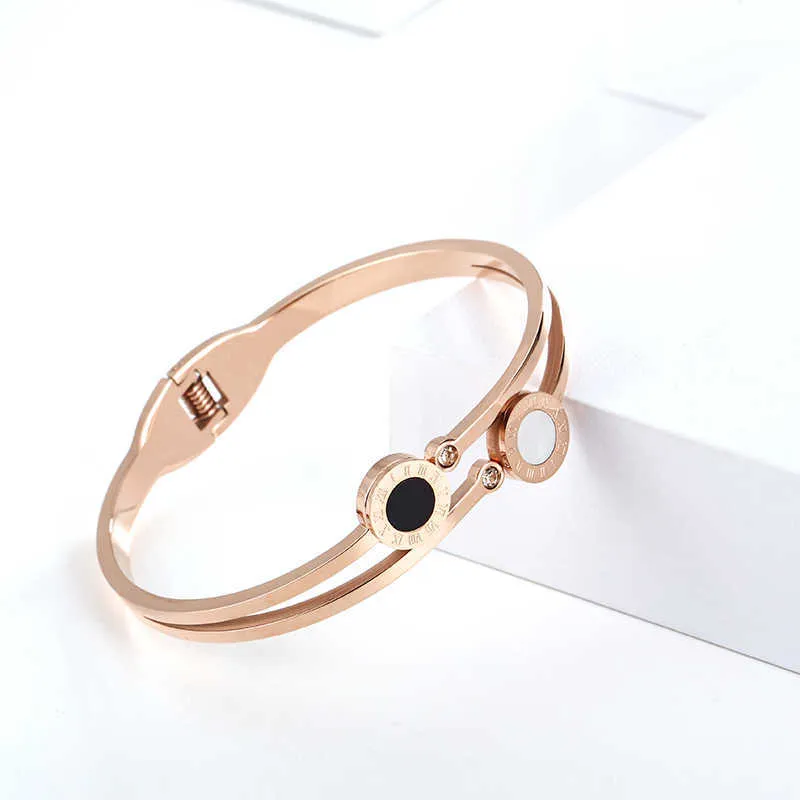 Ze Stali Nierdzewnej Rose Gold Color Shell Bransoletka Crystal Lover Roman Character Bransoletka Mankiet Bransoletka Bangle Wedding Jewelry Q0717