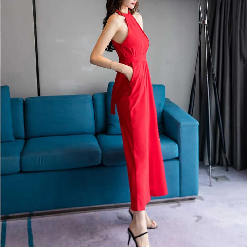 PERHAPS U Chiffon Black Red Sleeveless Halter Zipper Pocket Solid Long Full Length Jumpsuit Wide Leg Women Summer J0027 210529