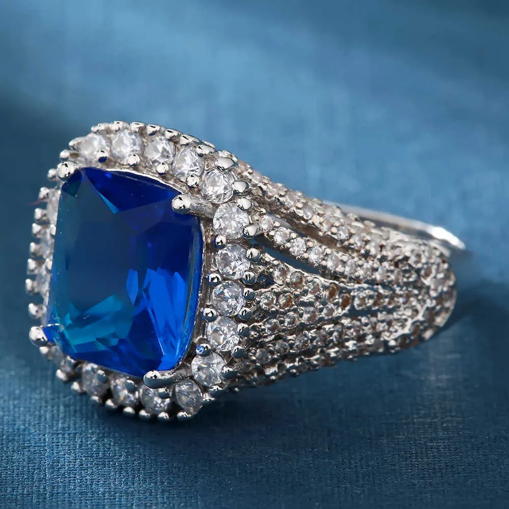 Full Micro Pave Cubic Zirconia Royal Blue Round Rings Ювелирные Изделия Серебряный Цвет Элегантная Свадьба и Обручальные кольца для Женщин Bridal X0715