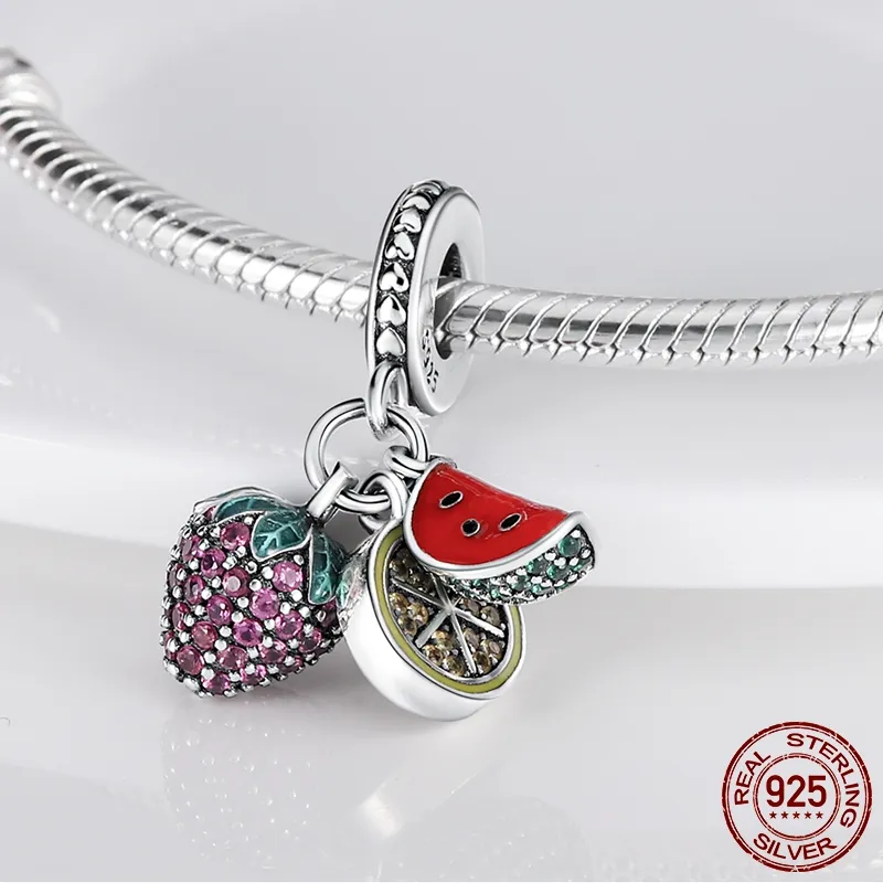 Erdbeere Wassermelone Zitrone baumeln Charms 925 Silber passen Original Pandora Armband DIY Obst Charm Perle für Schmuckherstellung