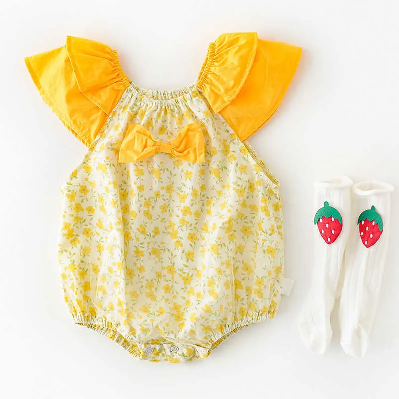 Beer leider peuter baby bloemen casual bodysuits mode baby meisje zomer bloemen rompertjes bebes prinses jumpsuit voor 0-2Y 210708