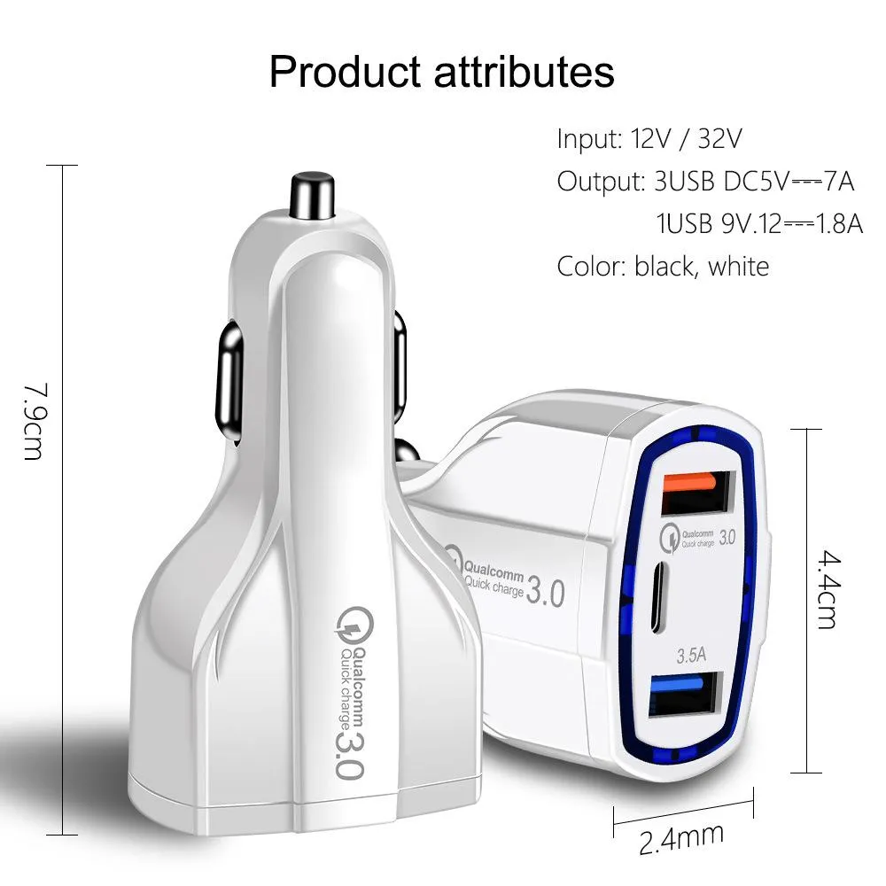 3 em 1 carregador de carro USB Tipo de carregamento rápido C qc 3.0 PD USB-C 7A carregadores adaptador de telefone para iPhone 13 12 11 pro máx x 87 mais e samsung s22 s21 s20 nota 10 telefones