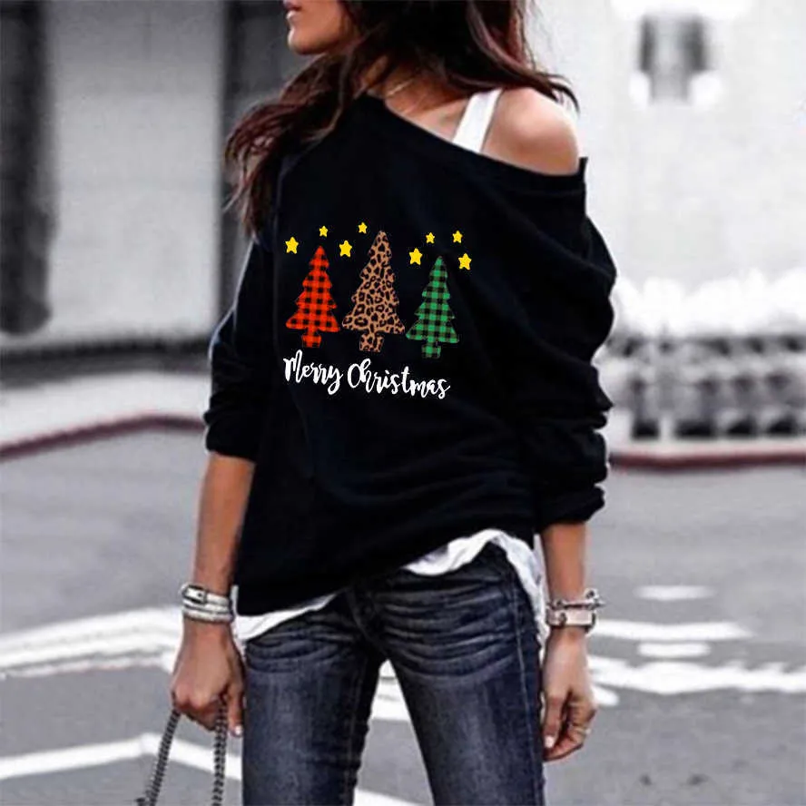 Merry Christmas Autumn T-shirt Women Tops Casual Xmas Tree Elk Print Skew Collar Long Sleeve Loose Tshirt Ladies Plus Size S-3XL 210526