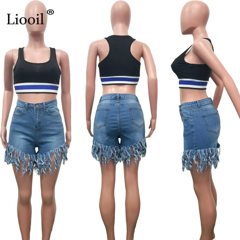 Liooil Neon Tassel Jeans Shorts Femmes D'été Élastique Taille Haute Coton Jean Court Plus La Taille Sexy Denim Club 210621