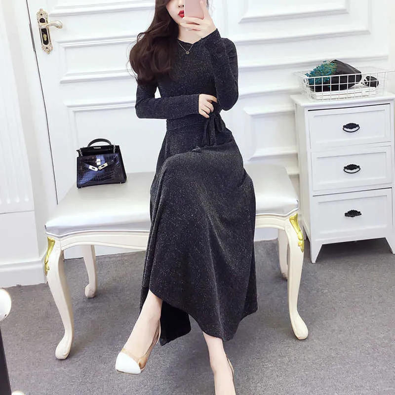 PERHAPS U Gray Lurex O Neck Full Sleeve A Line Sash Maxi Dress Long Elegant Winter Autumn D0748 210529