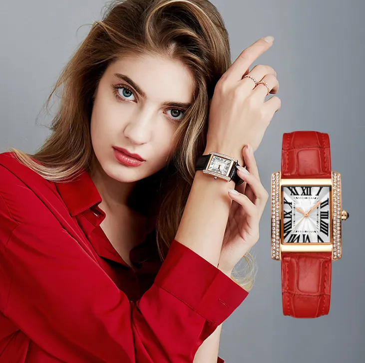 Whole Dazzling Square Dial Temperament Atmosphere Womens Watches Roman Number Diamond Bezel Quartz Female Watch Leather Strap 299q