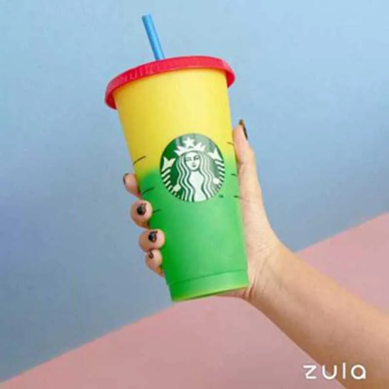 Reusável Starbucks Cor Mudando Copos Frios Plástico Copo com Tampa Reusável Copo de Plástico Oz Verão Coleção Puure