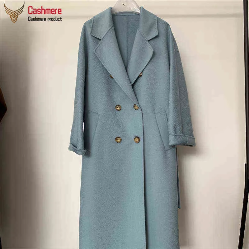Winter Long Coat Female Wool Women Water Ripple Solid Autumn Loose Double Breasted 211110