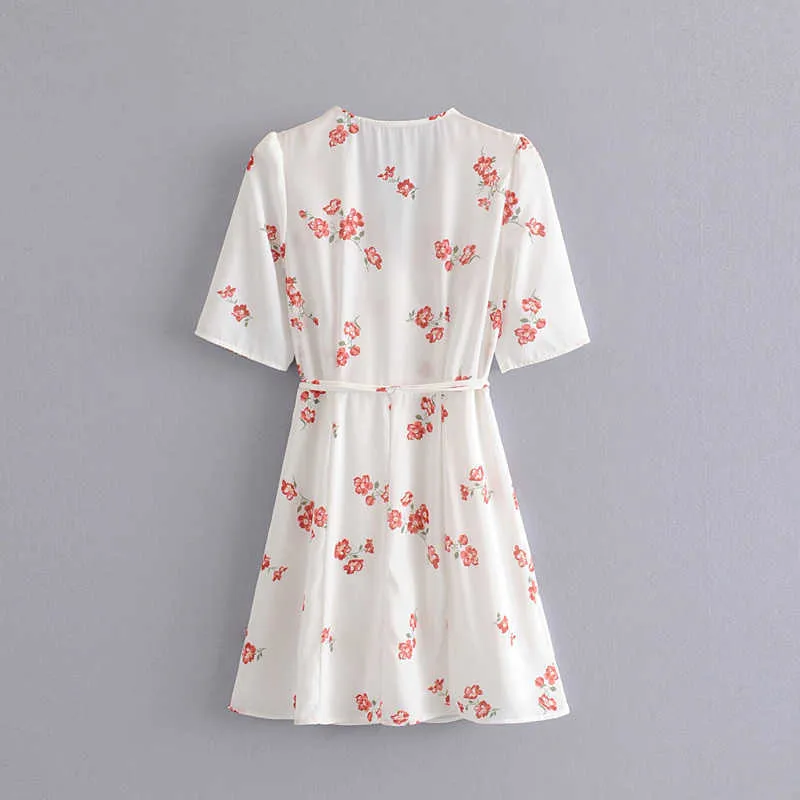 Vintage Floral Print Dress with Bow Sashes Summer Sexy Women V-Neck Mini Dresses Cute Girls Chic Vestidos 210531