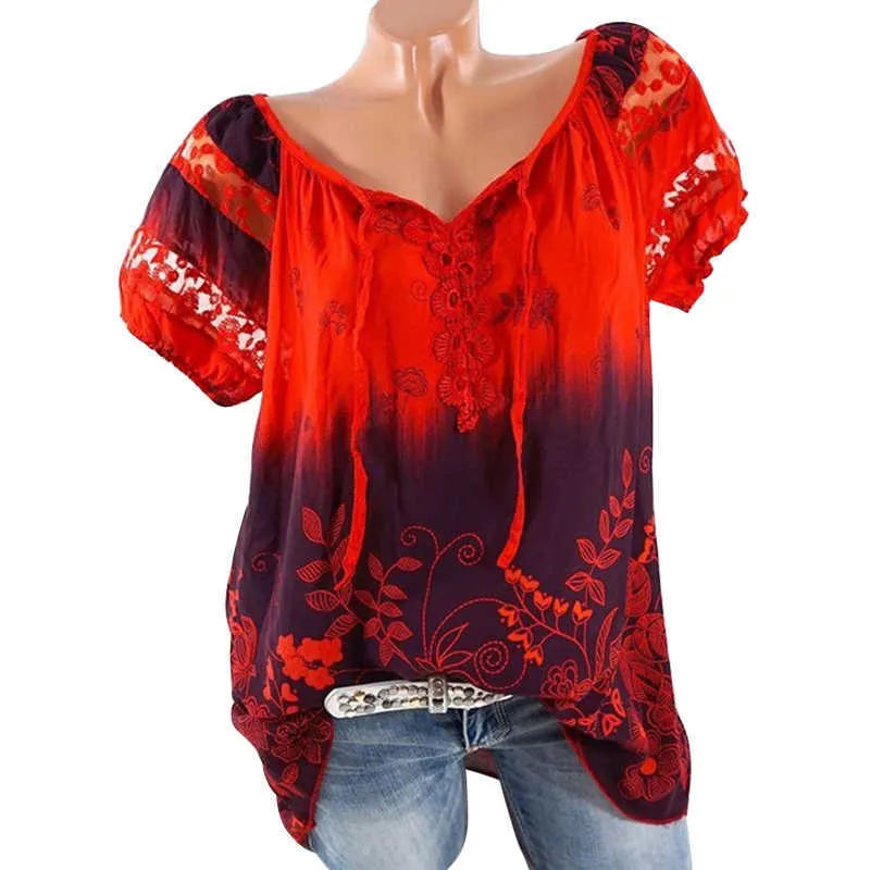Tee Shirt Women Summer Gradient Print T-shirt V-neck Short Sleeve Plus Size Fashions Tops Ladies Oversized T Shirt 210608