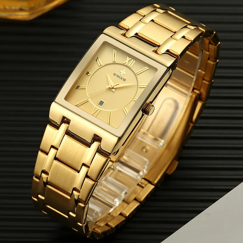 Relogio Masculino WWOOR montre en or hommes carrés montres pour hommes haut de gamme de luxe à Quartz doré en acier inoxydable montre-bracelet étanche 2299T