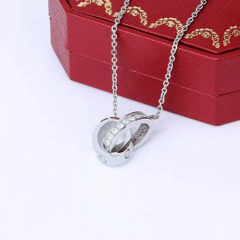 Collane d'amore di design classico Ciondolo a doppio anello moda brillante Collana di diamanti Moda donna oro argento coppia con scatola rossa2195