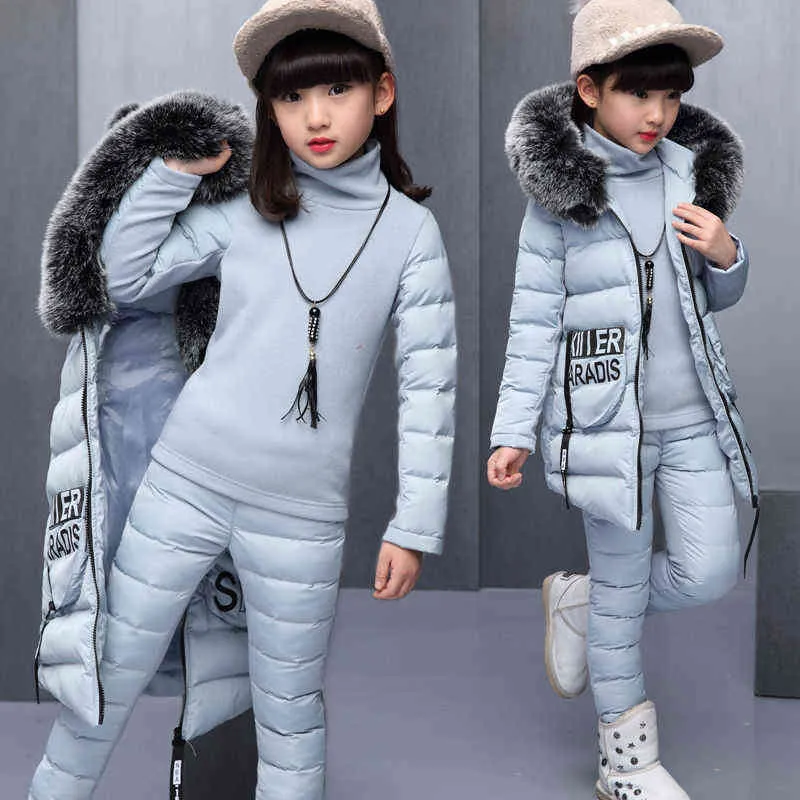 Girl winter set jacket Clothing for Russia Winter Hooded Warm Vest Jacket+Warm Top Cotton Pants Coat with Fur Hood 211222